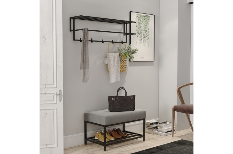 Ławka Isa z półką na buty 60x40x41cm- siedzisko welwet 14 (popiel), stelaż czarny mat, wysyłka 24h