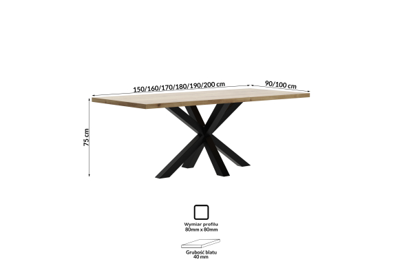 Stół Mursi 150x90x75h - dąb lakierowany, stelaż czarny mat, wysyłka 72h
