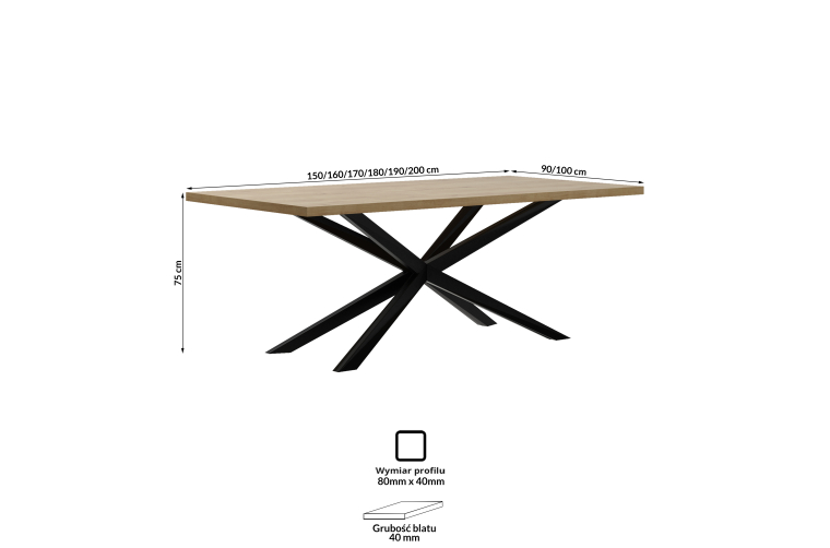 Stół Edder 150x90x75cm- dąb lakierowany, stelaż...