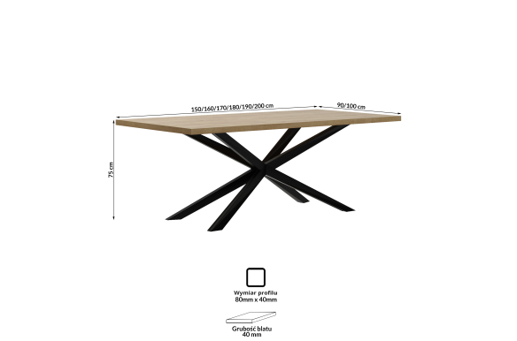 Stół Edder 150x90x75cm- dąb lakierowany, stelaż czarny mat, wysyłka 72h
