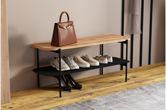 Ławka SANSA z półką na buty 90x30x43cm- siedzisko dąb lity lakierowany, stelaż czarny mat, wysyłka 24h