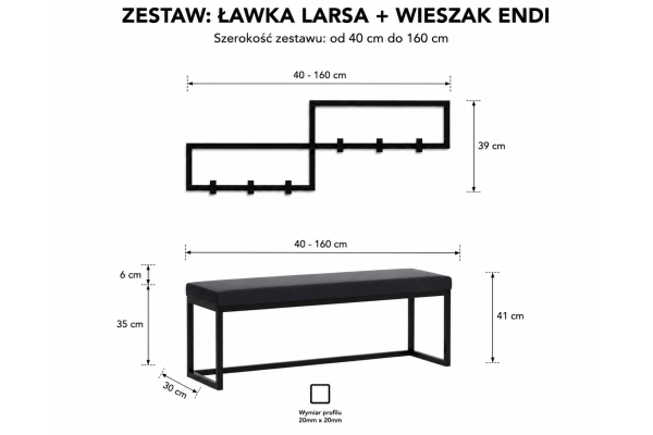 Zestaw przedpokojowy LARSA ENDI – ławka tapicerowana z wieszakiem ściennym