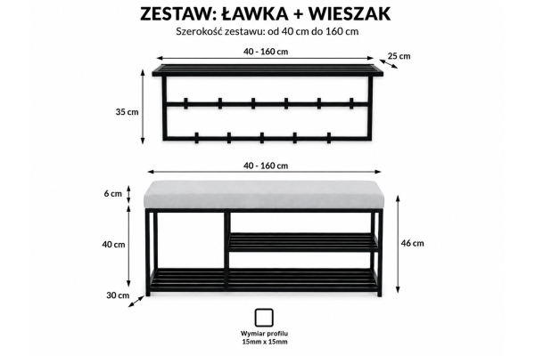 Zestaw przedpokojowy LIVI HARAL – ławka tapicerowana z półkami na buty i wieszak ścienny z półką