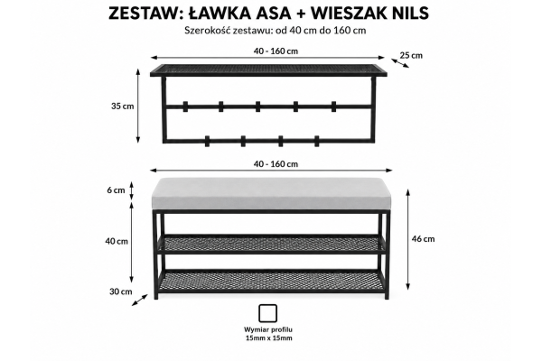 Zestaw przedpokojowy ASA NILS – ławka tapicerowana z półkami na buty i wieszak ścienny