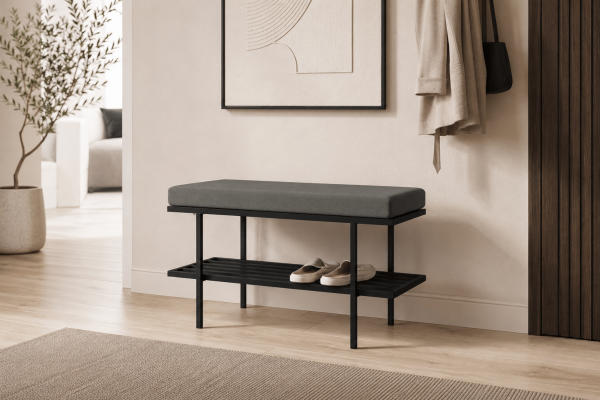 Ławka Sofia z półką na buty 90x35x45cm- welwet lux 15(grafit), stelaż czarny mat, wysyłka 24h