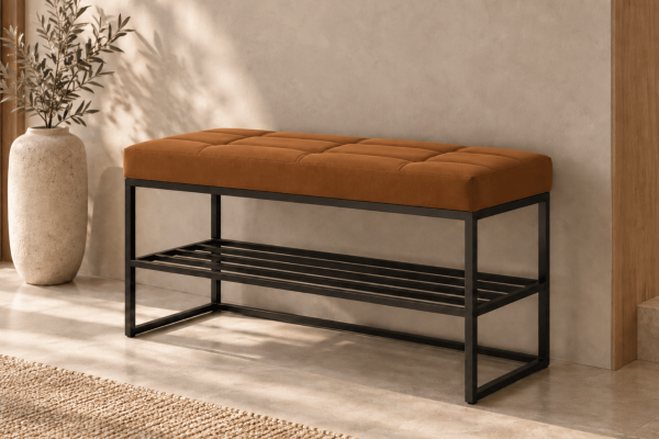 Ławka Geri pikowana z półką na buty 70x35x46cm - siedzisko welwet lux 21 (miedziany), stelaż czarny mat - wysyłka 24h