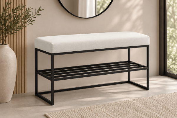 Ławka Geri z półką na buty 100x30x46cm - siedzisko tisso 01 (biały), stelaż czarny mat - wysyłka 24h