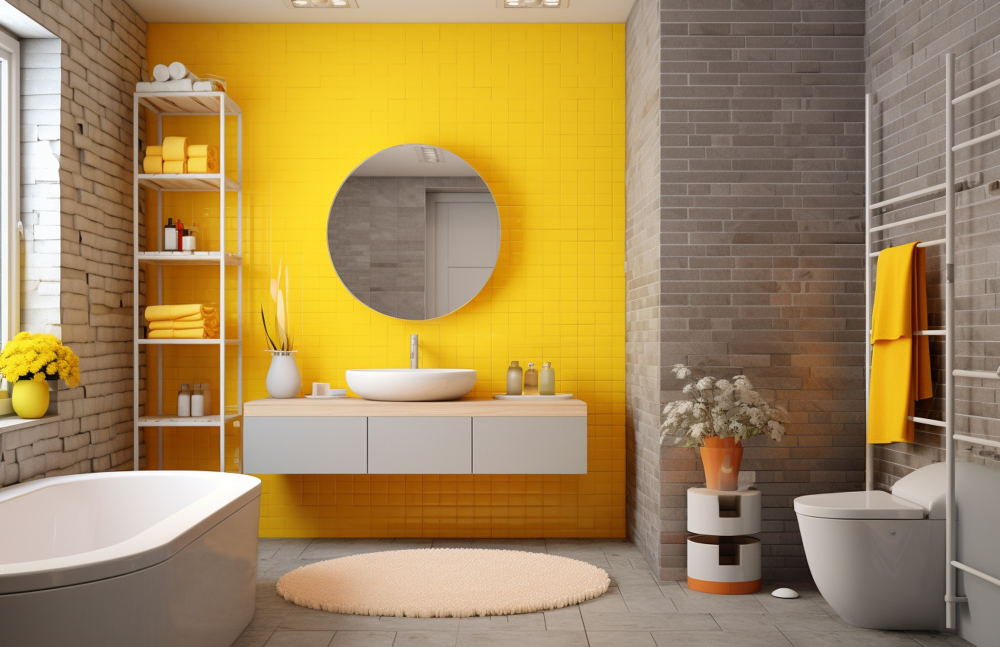 łazienka nowoczesna loftowa z żółtym kolorem