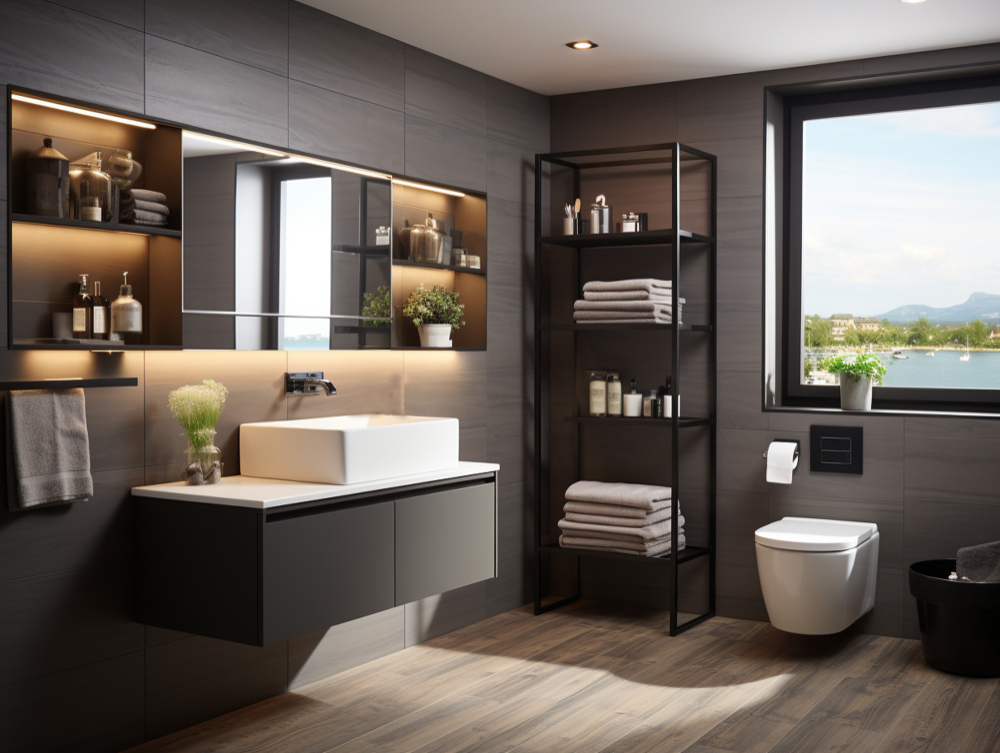 minimalistyczna loftowa łazienka czarna z oknem
